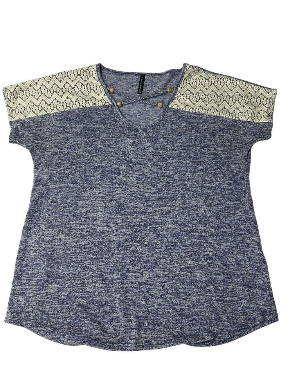 Bleecker & McDougal Blue Marled Lace Shoulder V-Neck Top Size M Crisscross Neck